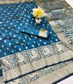 Dark blue zari woven banarasi silk traditional saree with blouse piece