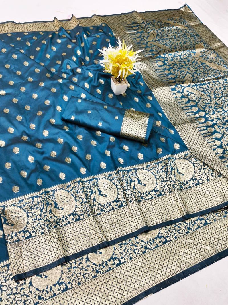Dark blue zari woven banarasi silk traditional saree with blouse piece