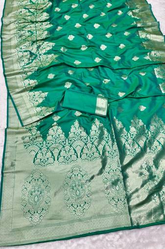 Green zari woven banarasi silk traditional saree with blouse piece