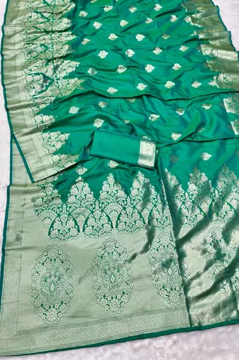 Green zari woven banarasi silk traditional saree with blouse piece