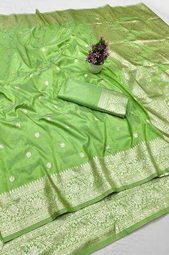 Light green zari woven silk traditional saree with blouse piece