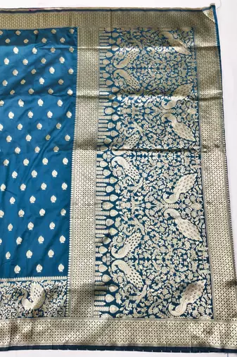 Dark blue zari woven silk traditional saree with blouse piece