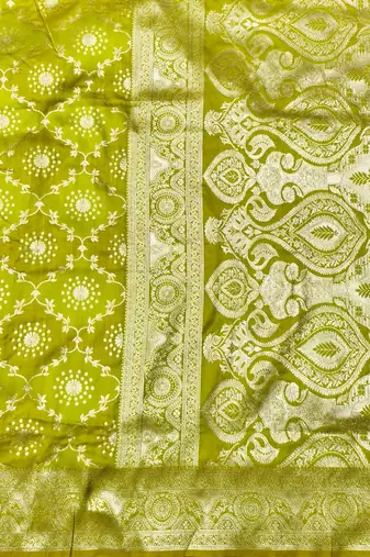 Lime zari woven banarasi silk traditional saree with blouse piece