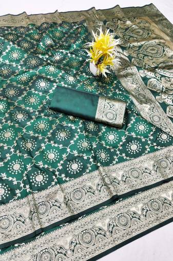 Green zari woven banarasi silk traditional saree with blouse piece