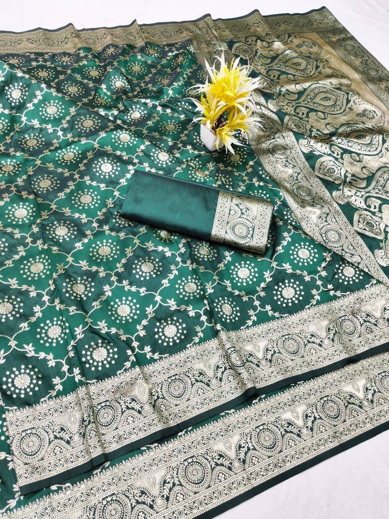 Green zari woven banarasi silk traditional saree with blouse piece
