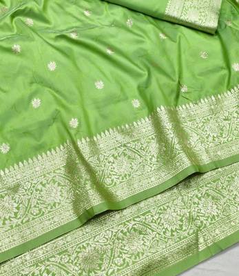 Light green zari woven silk traditional saree with blouse piece 3