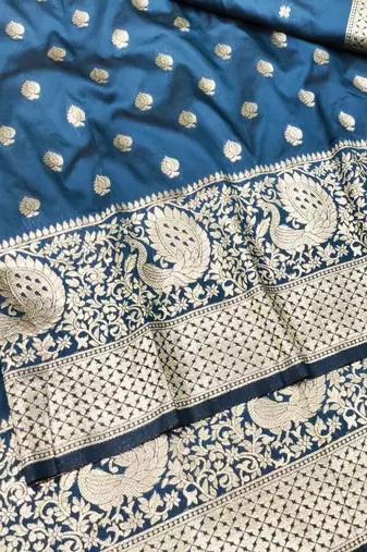 Dark blue zari woven silk traditional saree with blouse piece