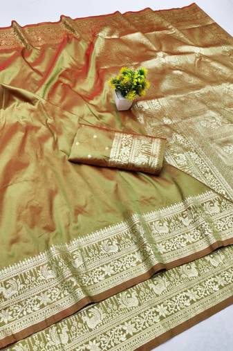 Mehendi zari woven silk traditional saree with blouse piece