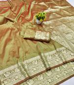Mehendi zari woven banarasi silk traditional saree with blouse piece