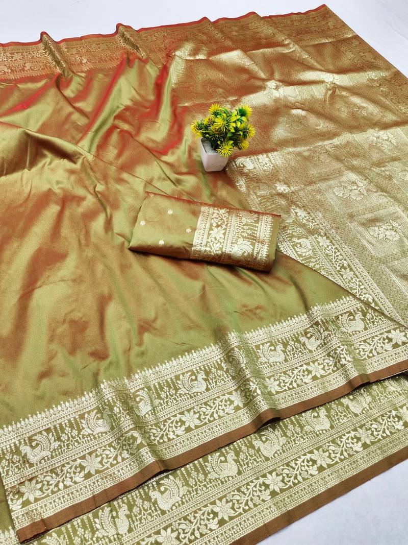 Mehendi zari woven banarasi silk traditional saree with blouse piece