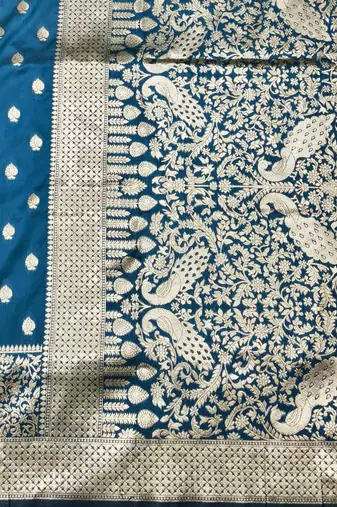 Dark blue zari woven silk traditional saree with blouse piece