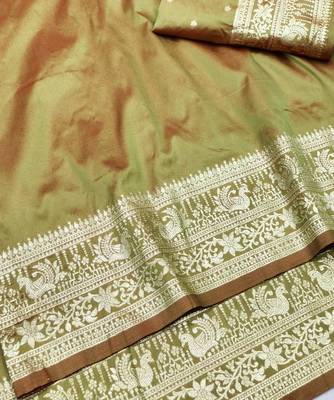 Mehendi zari woven silk traditional saree with blouse piece 3