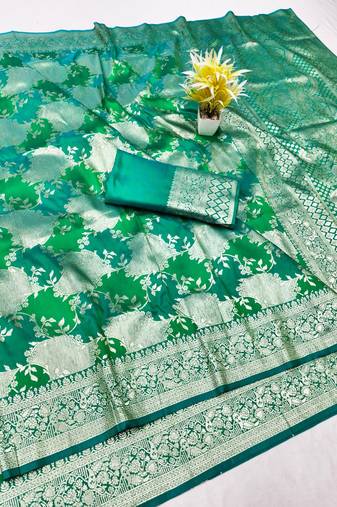 Green zari woven silk traditional saree with blouse piece
