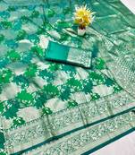 Green zari woven banarasi silk traditional saree with blouse piece