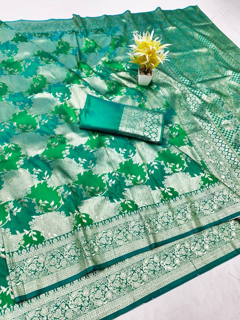 Green zari woven banarasi silk traditional saree with blouse piece