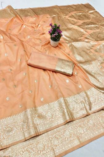 Light orange zari woven silk traditional saree with blouse piece