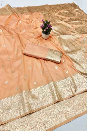 Light orange zari woven silk traditional saree with blouse piece