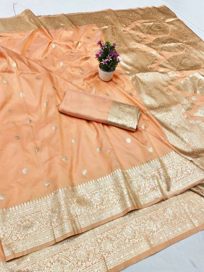 Light orange zari woven banarasi silk traditional saree with blouse piece