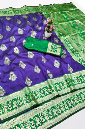 Purple zari woven baluchari silk traditional saree with blouse piece