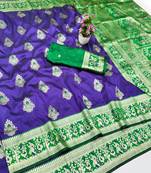 Purple zari woven baluchari silk traditional saree with blouse piece