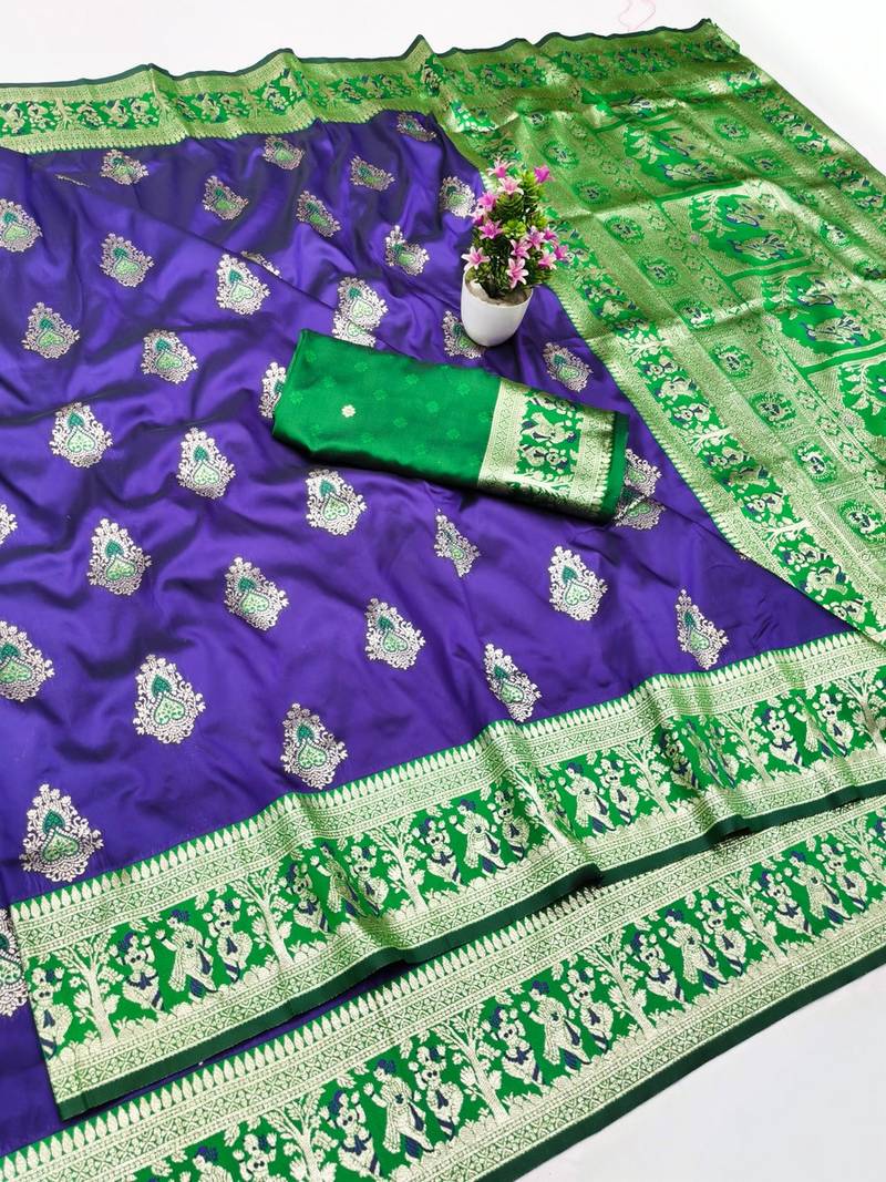 Purple zari woven baluchari silk traditional saree with blouse piece
