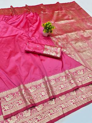 Pink zari woven silk traditional saree with blouse piece 1