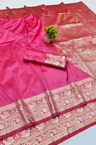 Pink zari woven silk traditional saree with blouse piece