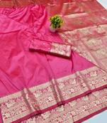 Pink zari woven banarasi silk traditional saree with blouse piece