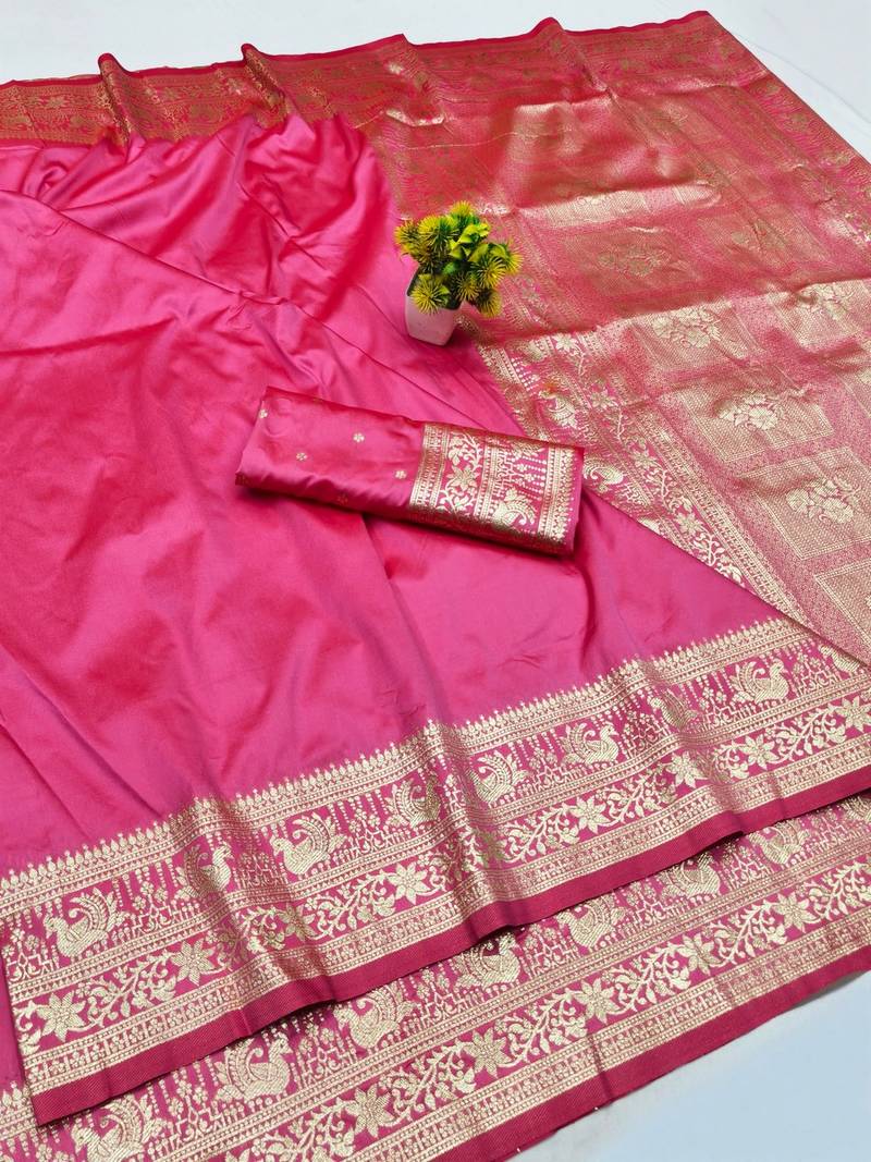 Pink zari woven banarasi silk traditional saree with blouse piece