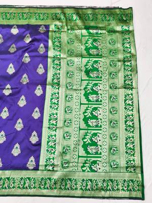 Purple zari woven baluchari silk traditional saree with blouse piece 2