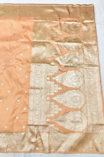 Light orange zari woven silk traditional saree with blouse piece