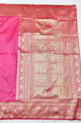 Pink zari woven silk traditional saree with blouse piece