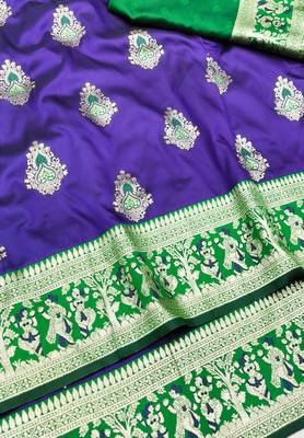 Purple zari woven baluchari silk traditional saree with blouse piece 3