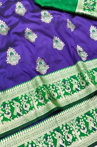Purple zari woven baluchari silk traditional saree with blouse piece