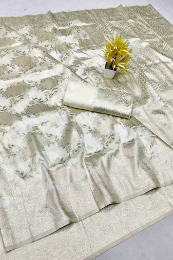 cream zari woven banarasi silk traditional saree with blouse piece
