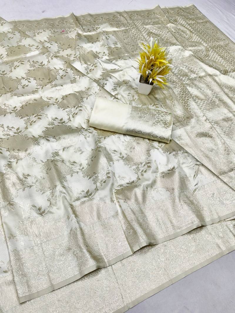 cream zari woven banarasi silk traditional saree with blouse piece