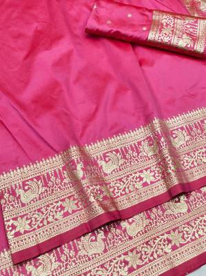 Pink zari woven silk traditional saree with blouse piece 3