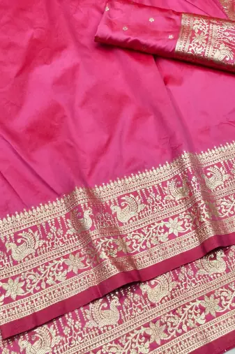 Pink zari woven silk traditional saree with blouse piece
