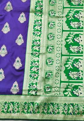 Purple zari woven baluchari silk traditional saree with blouse piece 5