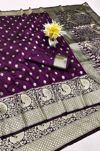Wine zari woven silk traditional saree with blouse piece