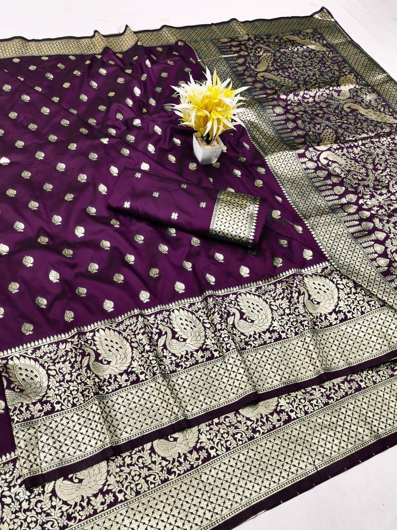 Wine zari woven banarasi silk traditional saree with blouse piece