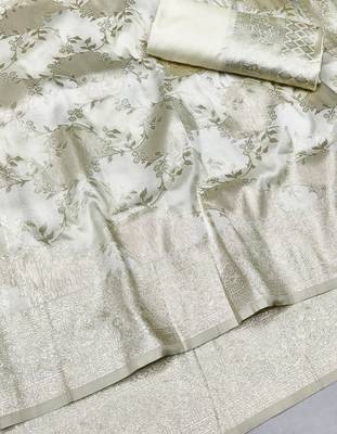 cream zari woven silk traditional saree with blouse piece 3