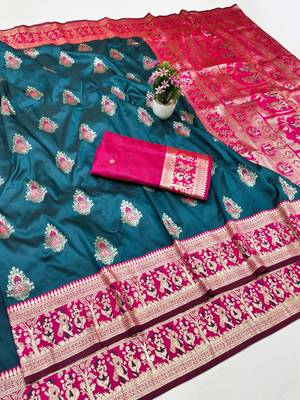 Dark blue zari woven baluchari silk traditional saree with blouse piece 1