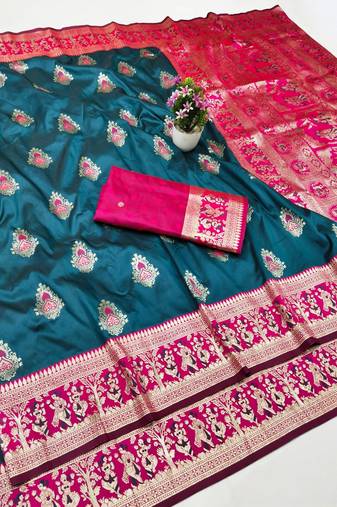 Dark blue zari woven baluchari silk traditional saree with blouse piece