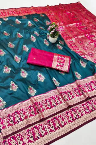 Dark blue zari woven baluchari silk traditional saree with blouse piece