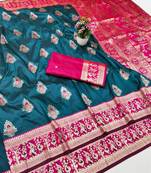 Dark blue zari woven baluchari silk traditional saree with blouse piece