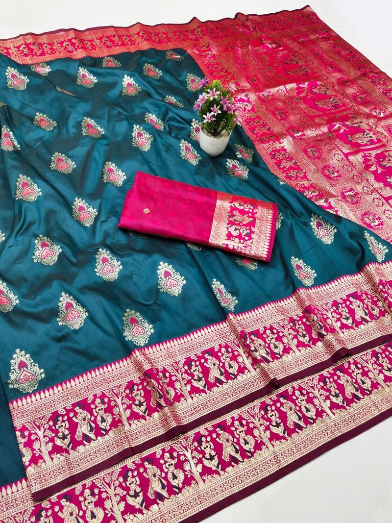 Dark blue zari woven baluchari silk traditional saree with blouse piece