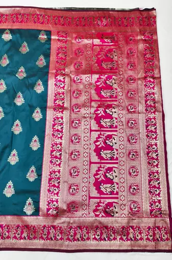 Dark blue zari woven baluchari silk traditional saree with blouse piece