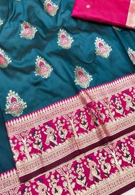 Dark blue zari woven baluchari silk traditional saree with blouse piece 3