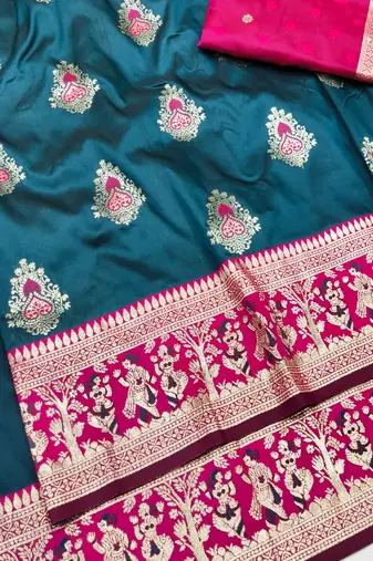 Dark blue zari woven baluchari silk traditional saree with blouse piece